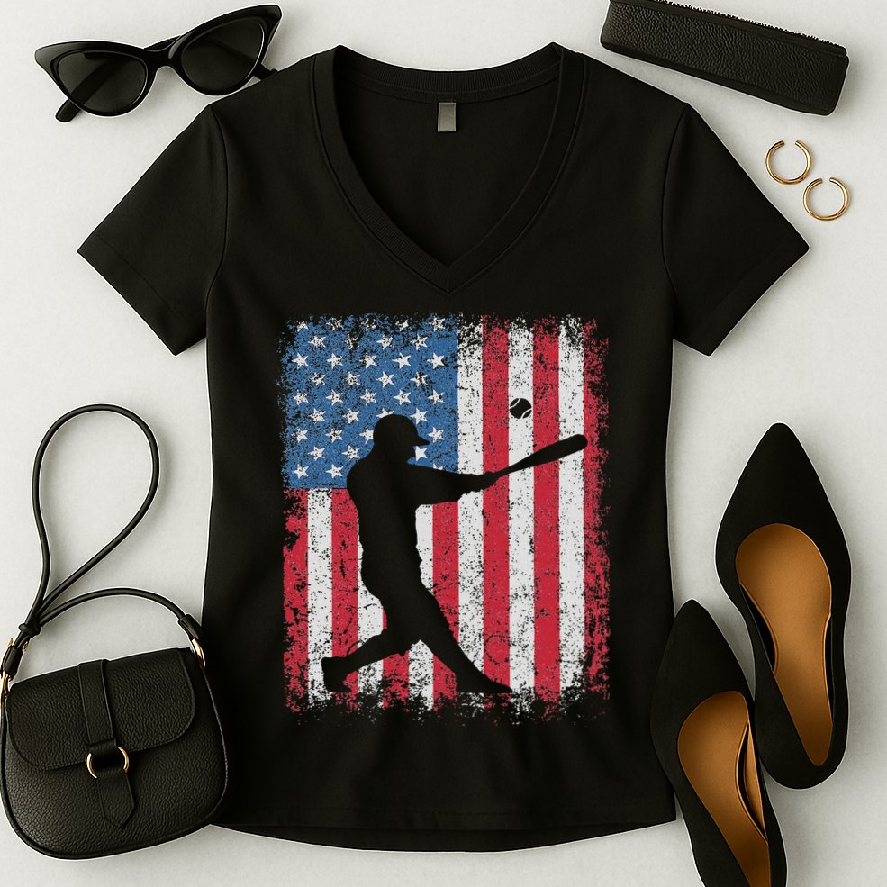 Patriotic Baseball 4th Of July Usa American Flag Women's V-Neck T-Shirt