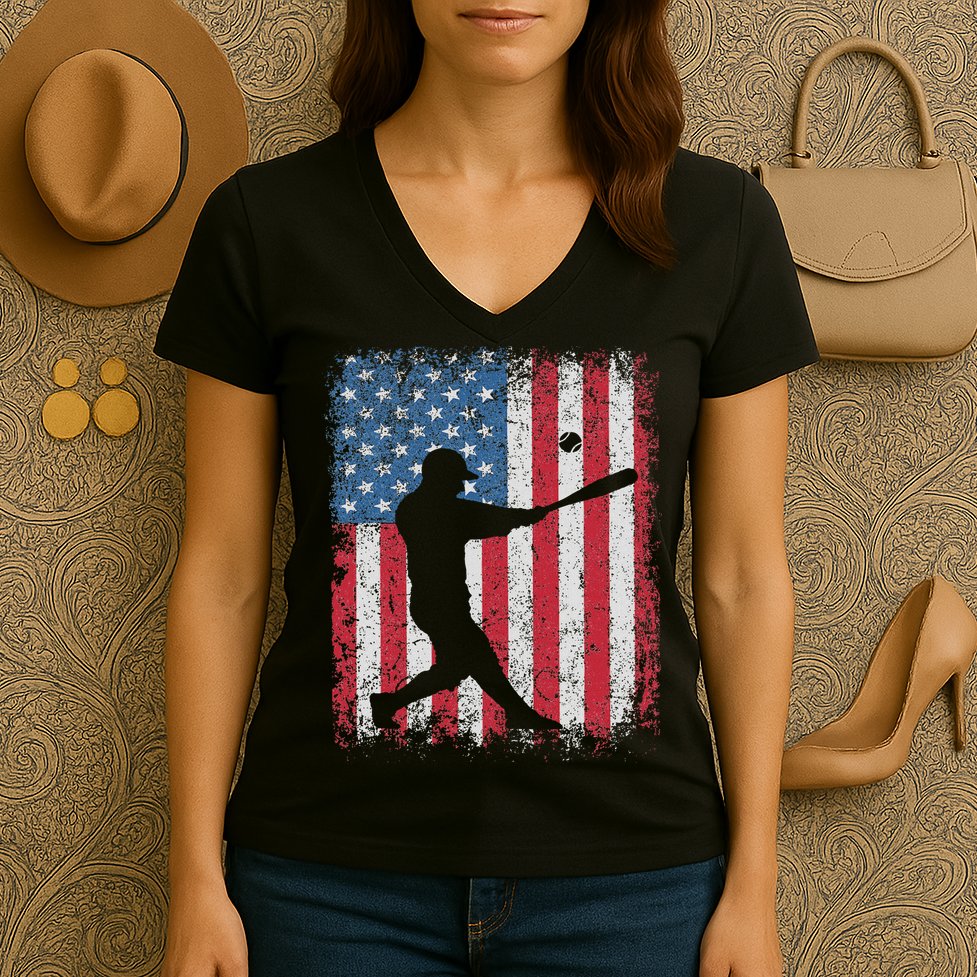 Patriotic Baseball 4th Of July Usa American Flag Women's V-Neck T-Shirt