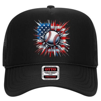 Patriotic Baseball American Flag 4th Of July High Crown Mesh Back Trucker Hat