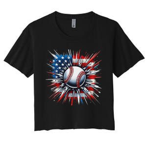 Patriotic Baseball American Flag 4th Of July Women's Crop Top Tee