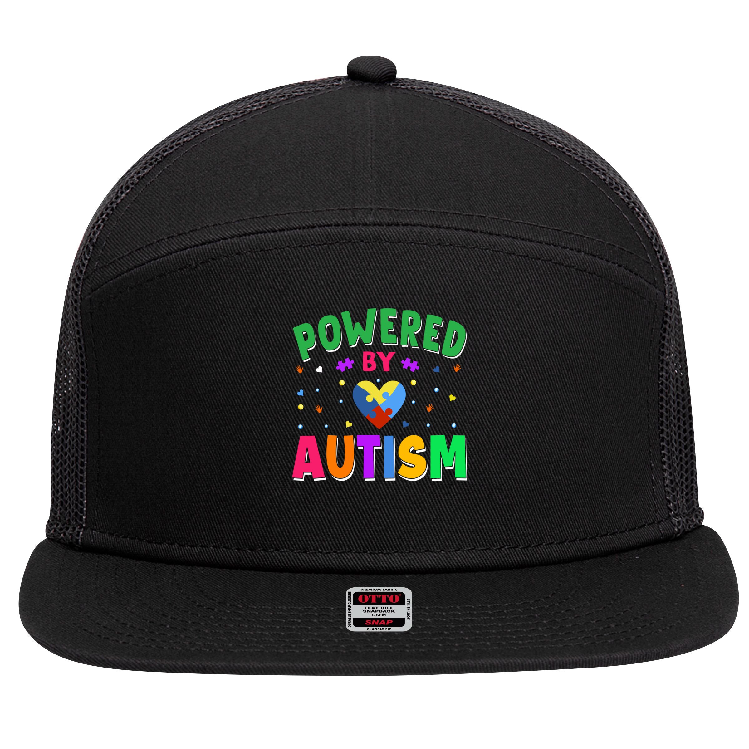Powered By Autism Awareness Month Autism - Autism Funny Gift 7 Panel Mesh Trucker Snapback Hat