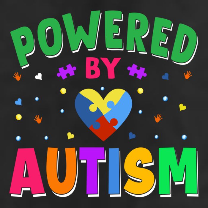 Powered By Autism Awareness Month Autism - Autism Funny Gift 7 Panel Mesh Trucker Snapback Hat