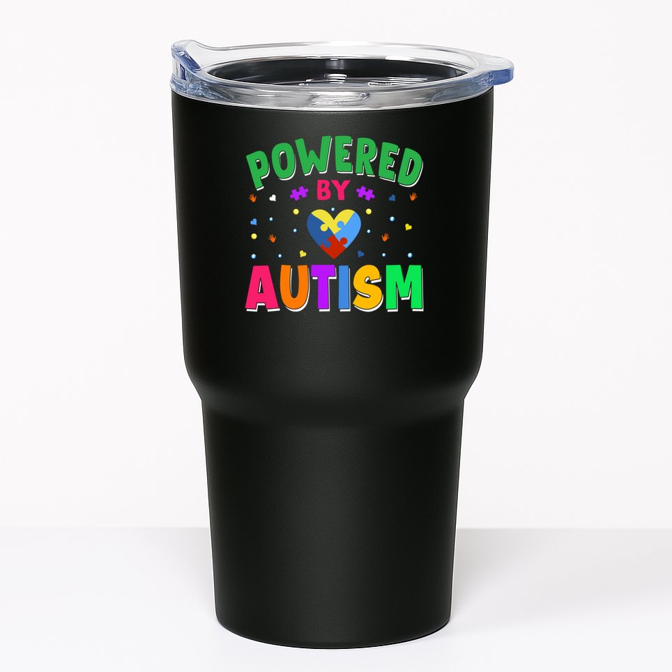 Powered By Autism Awareness Month Autism - Autism Funny Gift Tumbler