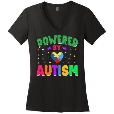 Powered By Autism Awareness Month Autism - Autism Funny Gift Women's V-Neck T-Shirt