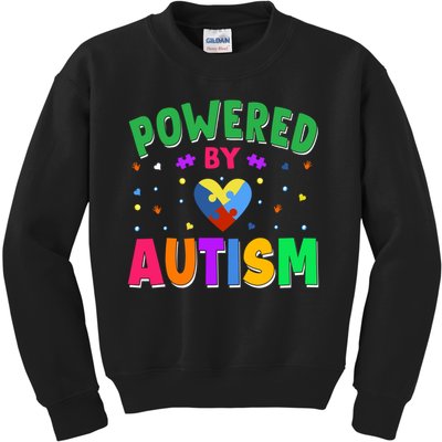 Powered By Autism Awareness Month Autism - Autism Funny Gift Kids Sweatshirt