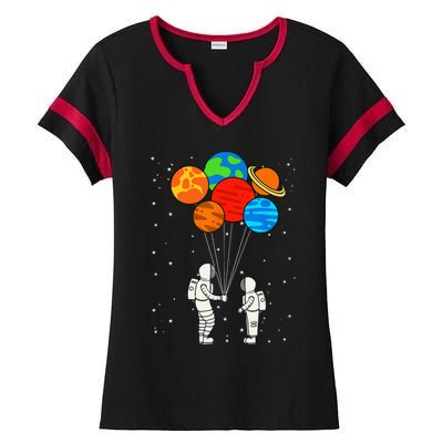 Planet Balloons Astronaut Planets Galaxy Space Outer Ladies Halftime Notch Neck Tee