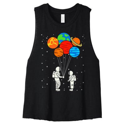 Planet Balloons Astronaut Planets Galaxy Space Outer Women's Racerback Cropped Tank