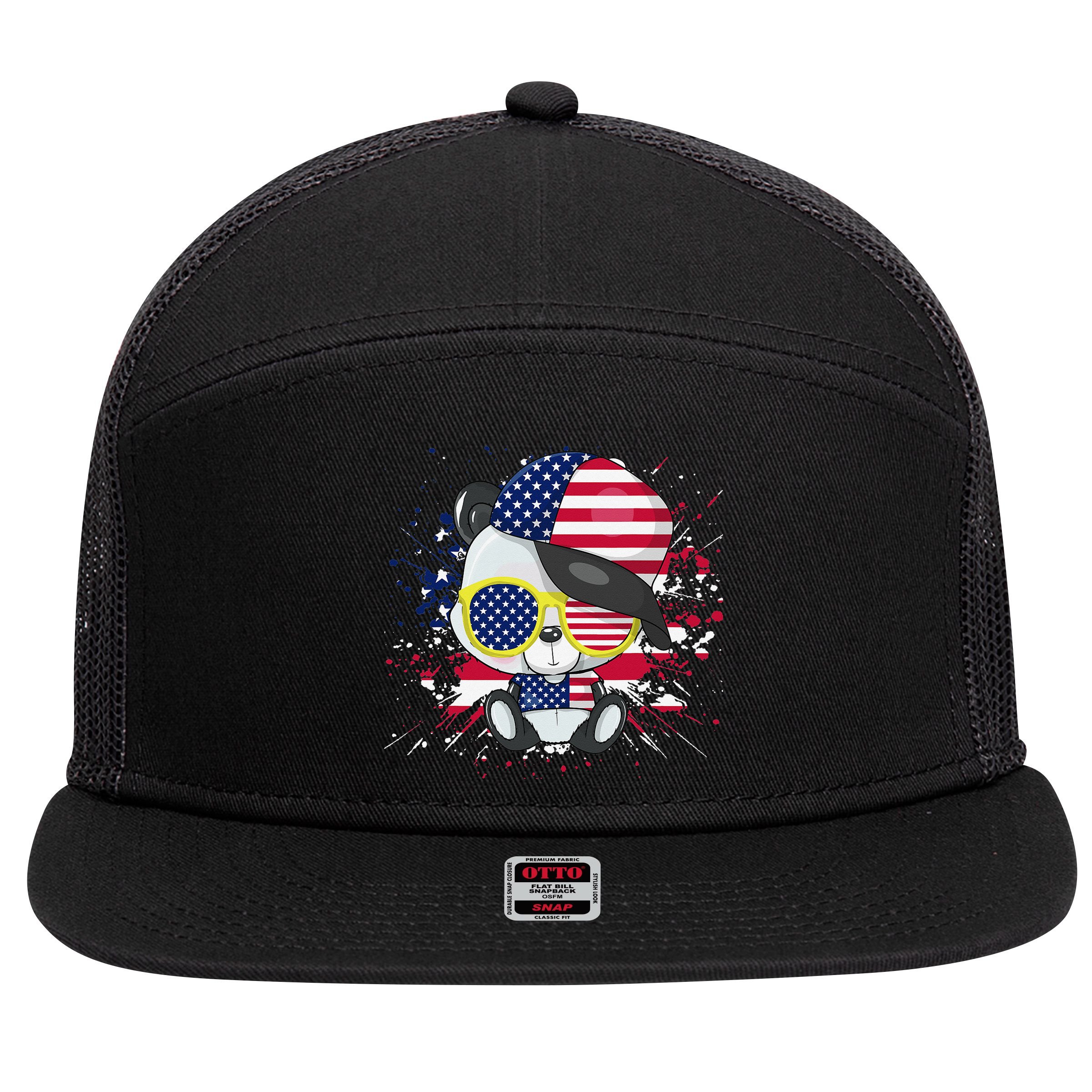 Panda Bear American Flag 4th of July American Sunglasses 7 Panel Mesh Trucker Snapback Hat