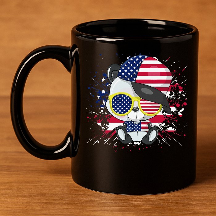 Panda Bear American Flag 4th of July American Sunglasses 11oz C Handle Ceramic Mug