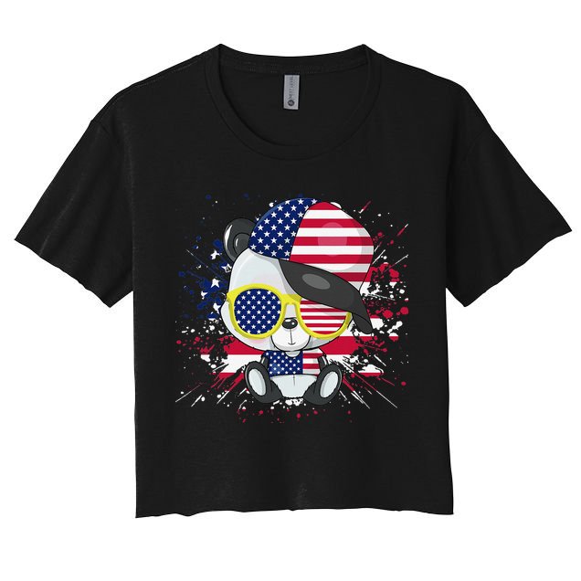 Panda Bear American Flag 4th of July American Sunglasses Crop Top