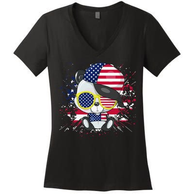 Panda Bear American Flag 4th of July American Sunglasses Women's V-Neck T-Shirt