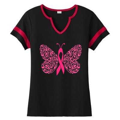 Pink Butterfly Breast Cancer Ribbon Ladies Halftime Notch Neck Tee