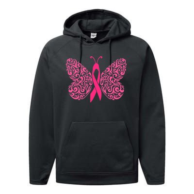 Pink Butterfly Breast Cancer Ribbon Performance Fleece Hoodie