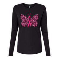 Pink Butterfly Breast Cancer Ribbon Womens Cotton Relaxed Long Sleeve T-Shirt