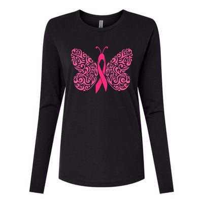 Pink Butterfly Breast Cancer Ribbon Womens Cotton Relaxed Long Sleeve T-Shirt