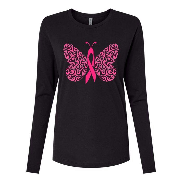 Pink Butterfly Breast Cancer Ribbon Womens Cotton Relaxed Long Sleeve T-Shirt