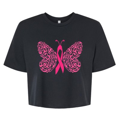 Pink Butterfly Breast Cancer Ribbon Bella+Canvas Jersey Crop Tee