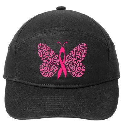 Pink Butterfly Breast Cancer Ribbon 7-Panel Snapback Hat