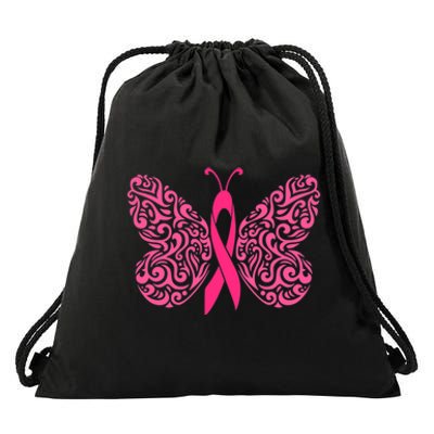 Pink Butterfly Breast Cancer Ribbon Drawstring Bag