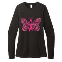 Pink Butterfly Breast Cancer Ribbon Womens CVC Long Sleeve Shirt