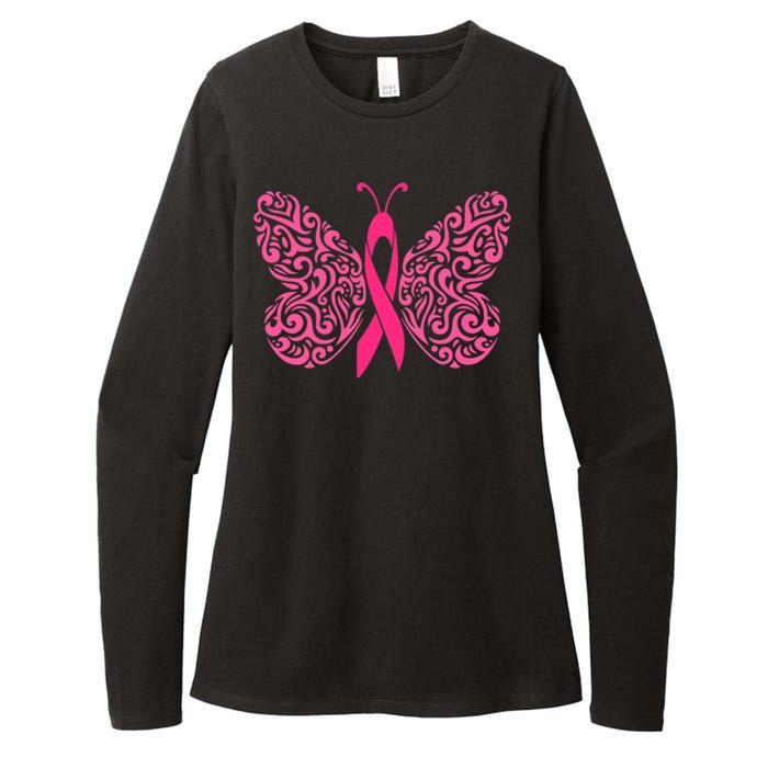 Pink Butterfly Breast Cancer Ribbon Womens CVC Long Sleeve Shirt