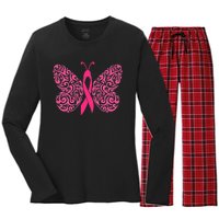 Pink Butterfly Breast Cancer Ribbon Women's Long Sleeve Flannel Pajama Set 