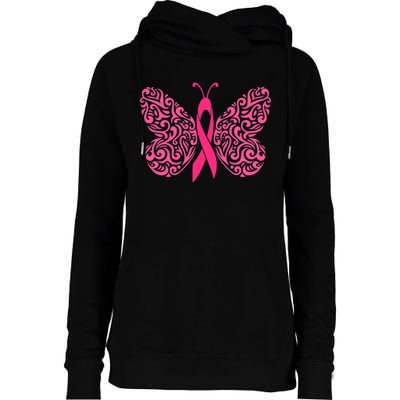 Pink Butterfly Breast Cancer Ribbon Womens Funnel Neck Pullover Hood