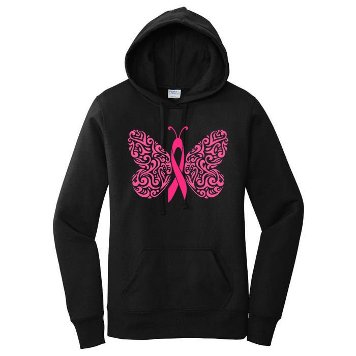 Pink Butterfly Breast Cancer Ribbon Women's Pullover Hoodie