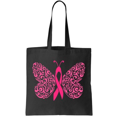 Pink Butterfly Breast Cancer Ribbon Tote Bag