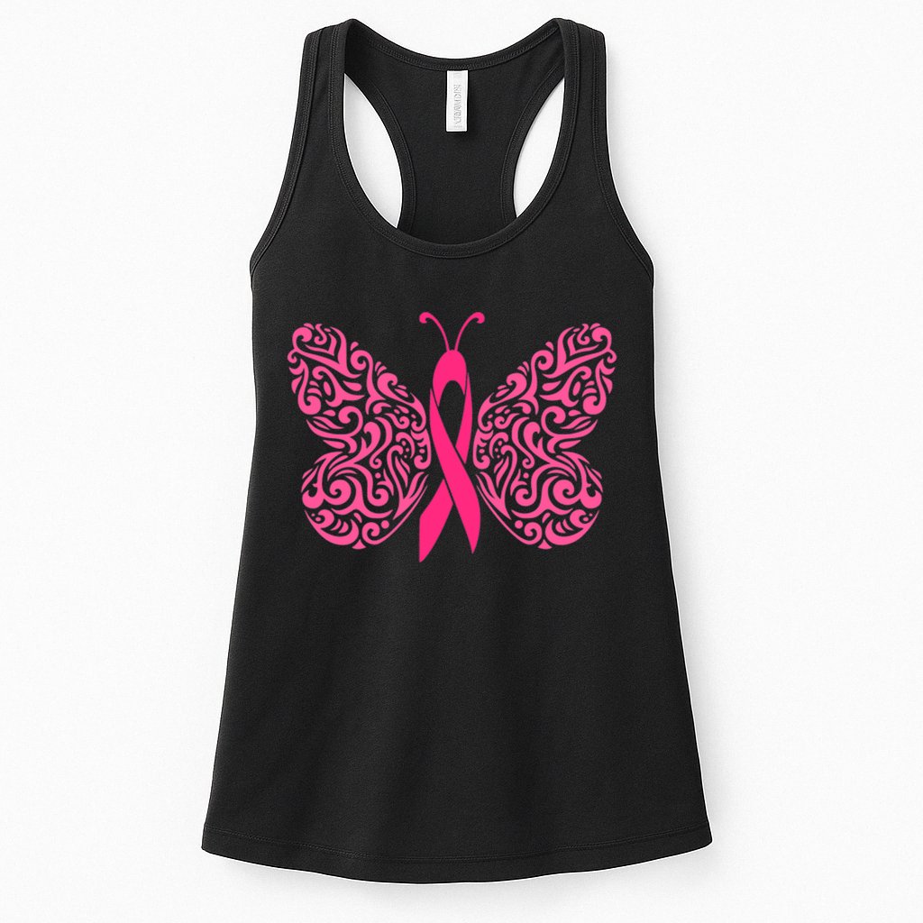Pink Butterfly Breast Cancer Ribbon Womens Tank Top