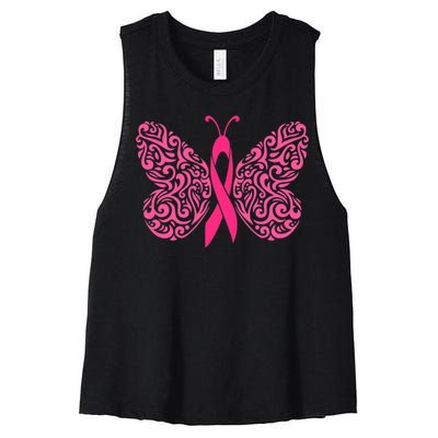 Pink Butterfly Breast Cancer Ribbon Women's Racerback Cropped Tank