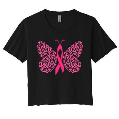 Pink Butterfly Breast Cancer Ribbon Women's Crop Top Tee