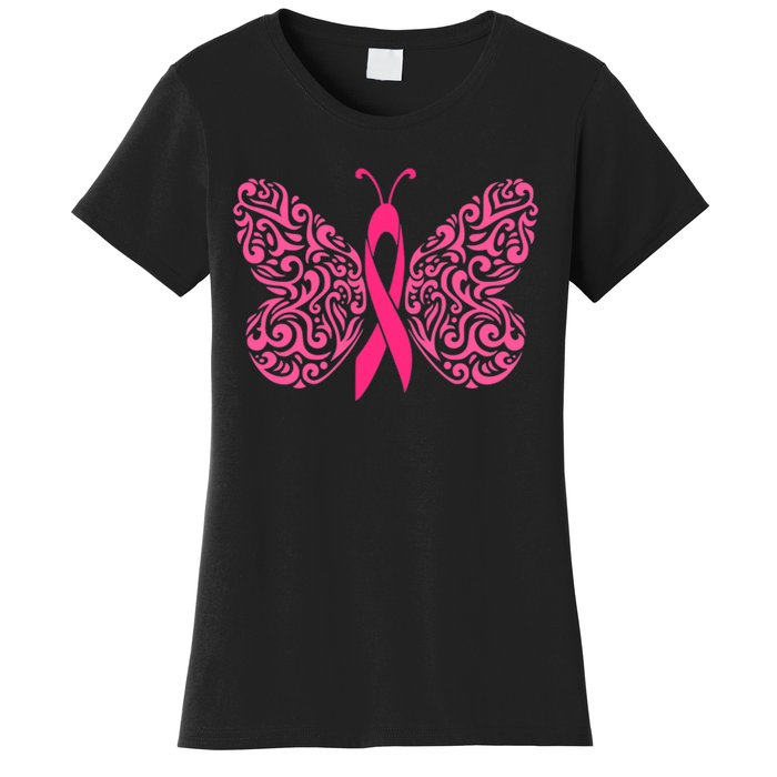 Pink Butterfly Breast Cancer Ribbon Women's T-Shirt