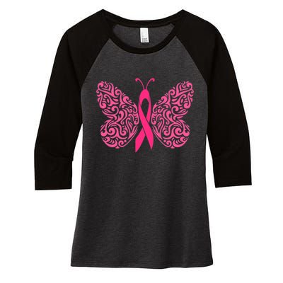 Pink Butterfly Breast Cancer Ribbon Women's Tri-Blend 3/4-Sleeve Raglan Shirt