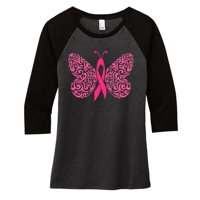 Pink Butterfly Breast Cancer Ribbon Women's Tri-Blend 3/4-Sleeve Raglan Shirt