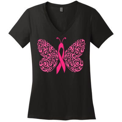 Pink Butterfly Breast Cancer Ribbon Women's V-Neck T-Shirt