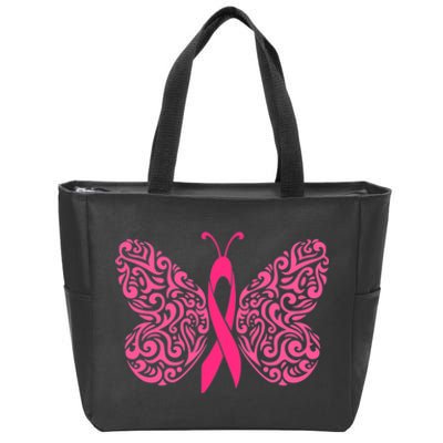 Pink Butterfly Breast Cancer Ribbon Zip Tote Bag