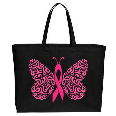 Pink Butterfly Breast Cancer Ribbon Cotton Canvas Jumbo Tote