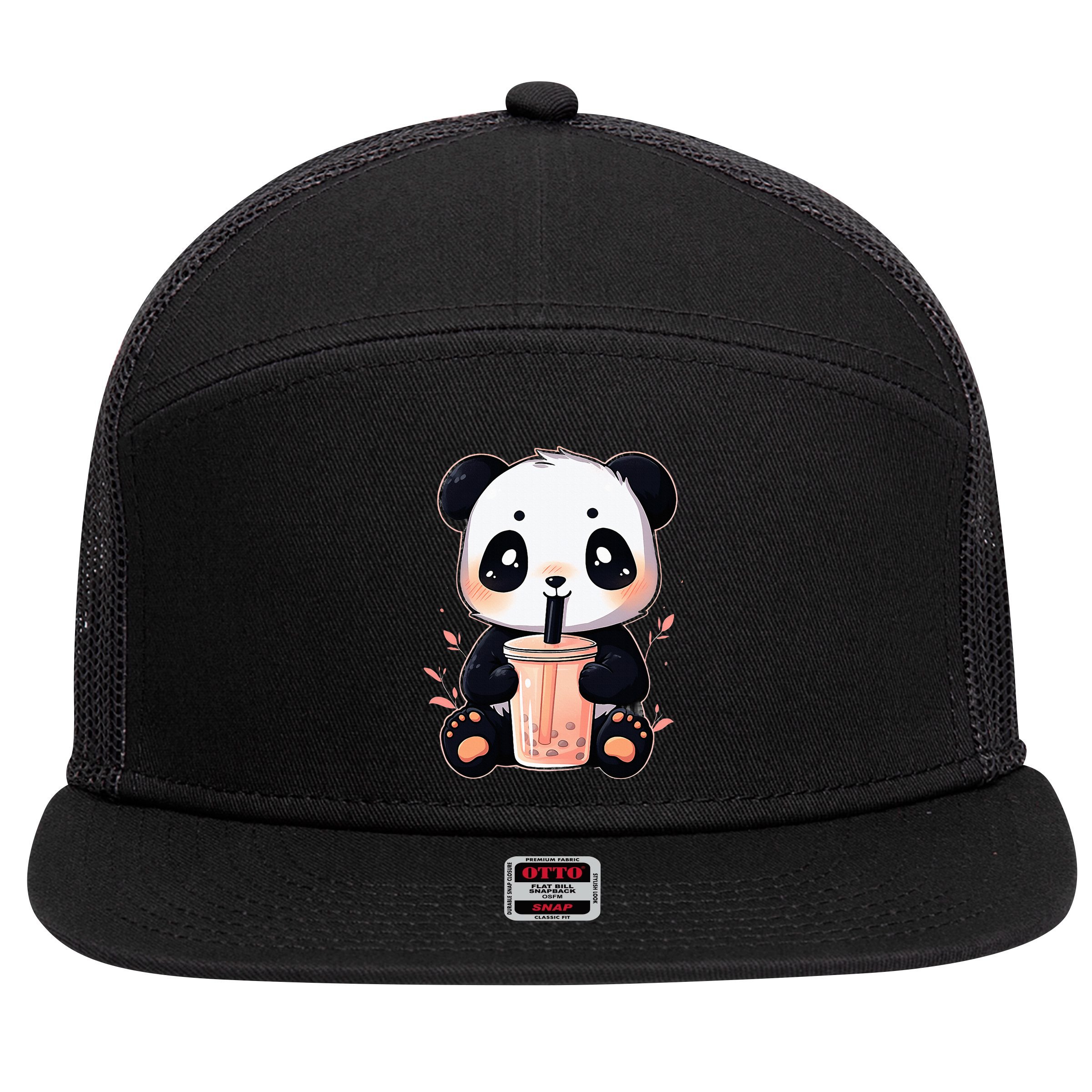 Panda Bear Boba Tea Bubble Tea Anime Kawaii  7 Panel Mesh Trucker Snapback Hat