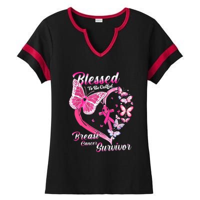 Pink Butterfly Blessed To Be Called Breast Cancer Survivor Ladies Halftime Notch Neck Tee