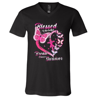 Pink Butterfly Blessed To Be Called Breast Cancer Survivor V-Neck T-Shirt