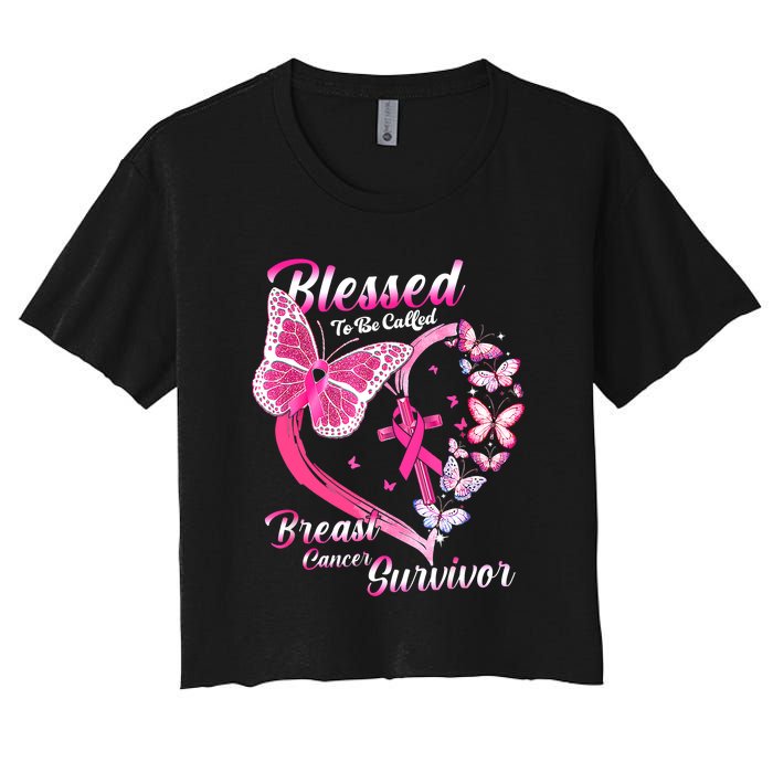 Pink Butterfly Blessed To Be Called Breast Cancer Survivor Women's Crop Top Tee