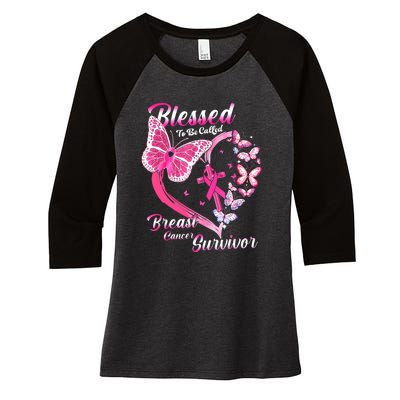 Pink Butterfly Blessed To Be Called Breast Cancer Survivor Women's Tri-Blend 3/4-Sleeve Raglan Shirt