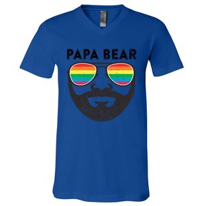 Papa Bear Bearded Gay Rainbow Sunglasses Lgbtq Pride Cute Gift V-Neck T-Shirt