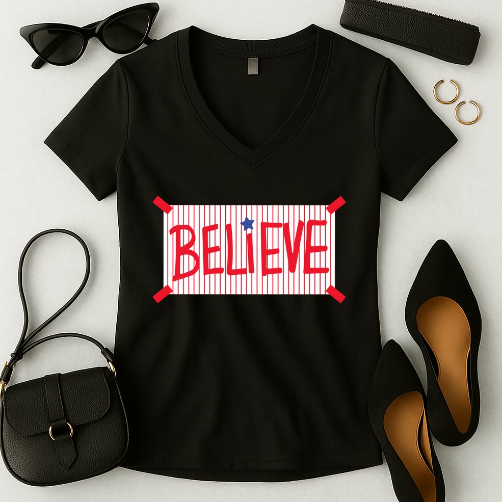 Philadelphia Baseball Believe Women's V-Neck T-Shirt