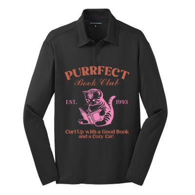 Purrfect Book Club Est 1993a Good Book A Cozy Cat Silk Touch Performance Long Sleeve Polo