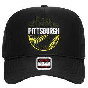 Pittsburgh Baseball Cityscape Distressed High Crown Mesh Back Trucker Hat