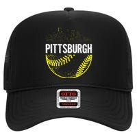 Pittsburgh Baseball Cityscape Distressed High Crown Mesh Back Trucker Hat