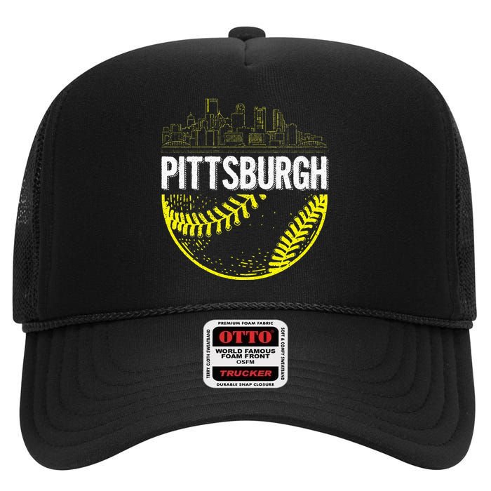 Pittsburgh Baseball Cityscape Distressed High Crown Mesh Back Trucker Hat