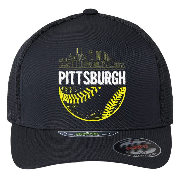 Pittsburgh Baseball Cityscape Distressed Flexfit Unipanel Trucker Cap